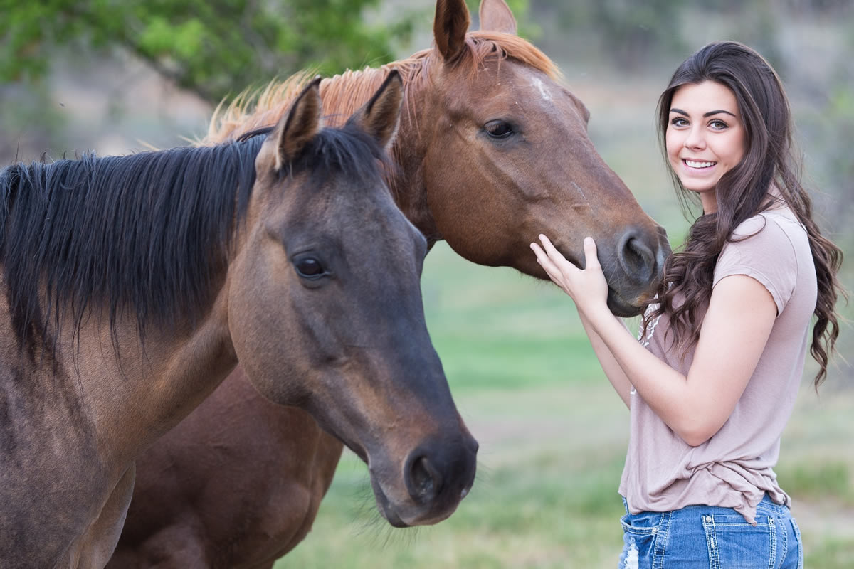 Lady in horse paddock petting two horses